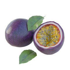 Aufkleber - A close-up image showcases two passion fruits one whole and the other halved revealing its vibrant yellow pulp and numerous seeds.  Green leaves add to the scene.