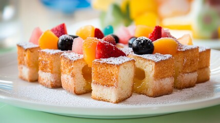 Poster - A whimsical presentation of mini honey toast bites served on a plate, topped with colorful fruit and a dusting of powdered sugar for a fun dessert option.