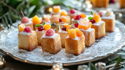 Poster - A whimsical presentation of mini honey toast bites served on a plate, topped with colorful fruit and a dusting of powdered sugar for a fun dessert option.