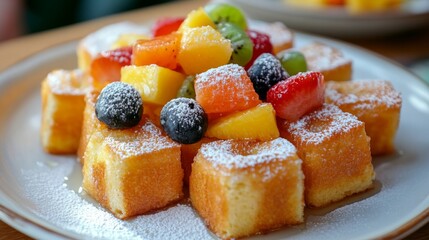 Poster - A whimsical presentation of mini honey toast bites served on a plate, topped with colorful fruit and a dusting of powdered sugar for a fun dessert option.