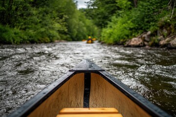 Wall Mural - A canoe floats gently down a winding river surrounded by trees and foliage