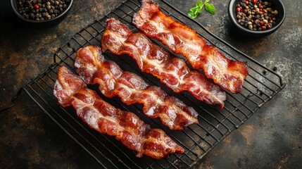 Poster - Bacon strips cooling on a wire rack after frying, with crispy edges and golden brown texture, ready for serving.