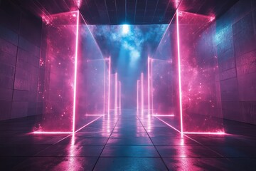 Poster - Laser beams create intricate patterns in an illuminated corridor during a futuristic exhibition