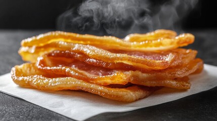 Poster - Close-up of golden bacon strips on a white napkin, with steam rising from the freshly fried, crispy slices.