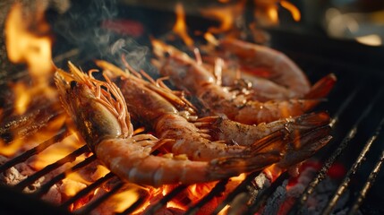 Wall Mural - Close-up shot of large grilled prawns with crispy shells on a traditional Thai charcoal grill, glowing embers visible underneath.