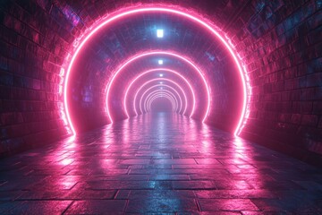 Poster - Neon circles illuminate a surreal tunnel with vibrant digital effects at night