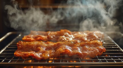 Poster - Golden bacon strips cooling on a wire rack, with steam rising from the freshly cooked slices, ready to serve.