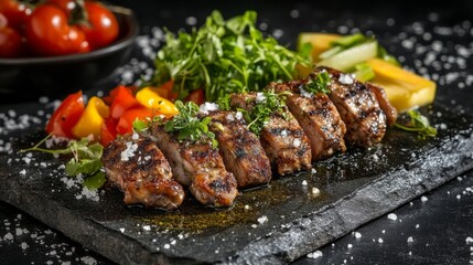 Sticker - Grilled octopus served on a rustic stone platter, drizzled with olive oil and sprinkled with coarse sea salt, with a side of fresh vegetables