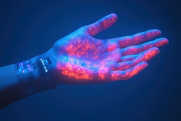 Poster - Silhouette of a hand displaying biometric scanners with colorful lights in a dark background