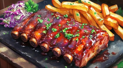 Poster - Juicy pork ribs with a sticky barbecue glaze on a dark stone plate, served with a side of crispy fries and fresh coleslaw for a classic meal presentation.