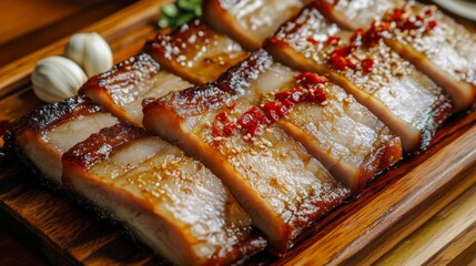 Poster - Slices of pork belly fried to a golden crisp, glistening with fish sauce, laid out on a rectangular wooden platter with garlic cloves and red chili garnish.