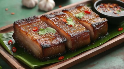 Poster - Slices of pork belly fried to a golden crisp, glistening with fish sauce, laid out on a rectangular wooden platter with garlic cloves and red chili garnish.