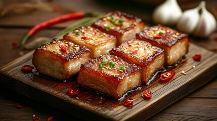 Poster - Slices of pork belly fried to a golden crisp, glistening with fish sauce, laid out on a rectangular wooden platter with garlic cloves and red chili garnish.