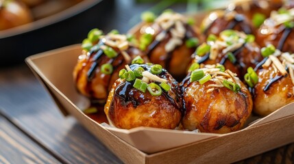 Poster - Takoyaki balls served in a traditional paper boat, garnished with green onions, bonito flakes, and a drizzle of sauce, perfect for street food