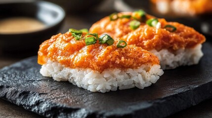 Poster - Uni nigiri, featuring bright orange sea urchin on top of perfectly shaped sushi rice, placed on a dark stone plate with delicate garnish of green onions.