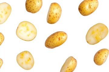 Sticker - A group of potatoes on a clean and smooth white surface, ideal for food or decorative photography