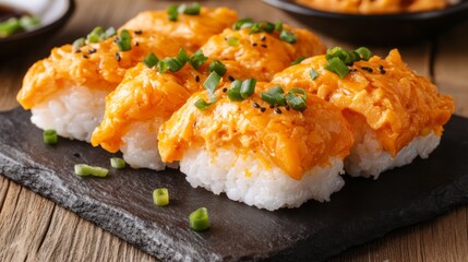 Poster - Uni nigiri, featuring bright orange sea urchin on top of perfectly shaped sushi rice, placed on a dark stone plate with delicate garnish of green onions.