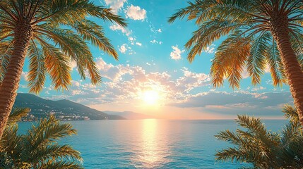 Poster - Beautiful sunset over the ocean with palm trees framing the horizon in a serene coastal landscape