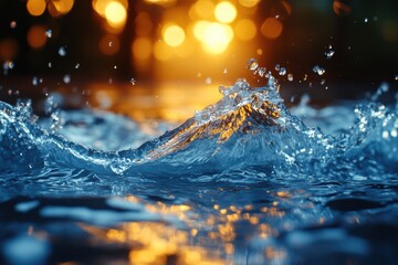 Poster - Water flowing through a transparent infinity-shaped surface with vibrant reflections at sunset