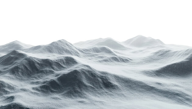 A digitally rendered image depicts a snow covered mountain range against a pure black background.