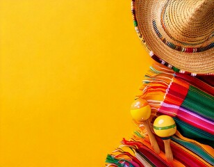 Mexican national holiday concept. Top view photo of sombrero hats maracas and colorful strip