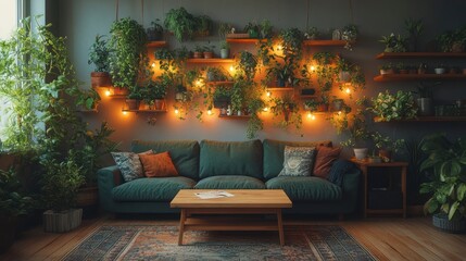 Wall Mural - Cozy living room with green sofa, plants, and fairy lights.