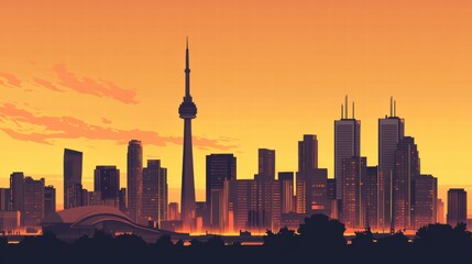 Poster - Urban skyline silhouettes with iconic towers and bridges glowing at sunset over a vibrant cityscape. Generative AI