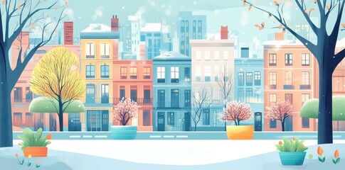 Wall Mural - Snowy Cityscape Winter Buildings Trees Plants