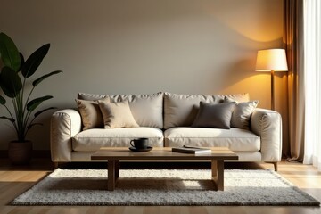 Wall Mural - Plush sofa, low coffee table, soft lamplight, warm tones , soft, carpet