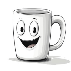 Poster - A cheerful cartoon mug with a wide smile and large eyes is depicted in a simple illustration.