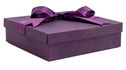 Glossy purple gift box with ribbon isolated on white background, cut out