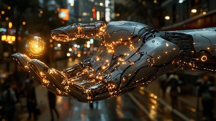 Poster - Robotic hand holding glowing orb in city.