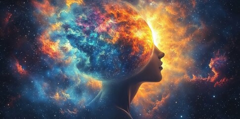 Poster - Cosmic Nebula Within A Womans Head Silhouette