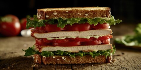 Wall Mural - A close up view of a tomato and lettuce sandwich, ideal for food or recipe imagery