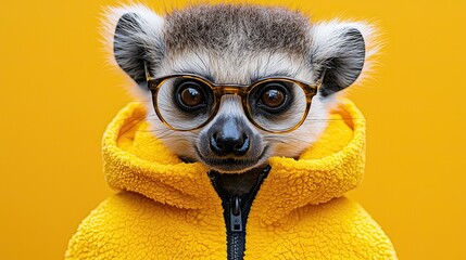 Wall Mural - Cute lemur in yellow hoodie and glasses poses against a bright yellow background in a playful fashion setting