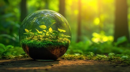 Wall Mural - Green Plants in Glass Sphere in Lush Forest with Sunlight Rays
