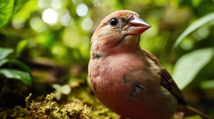 Wall Mural - A small bird perches on a mossy tree branch, surrounded by lush greenery