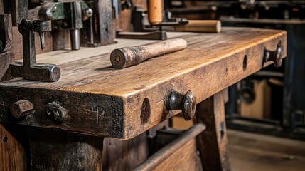 Aufkleber - Antique Wooden Workbench With Old Tools And Hardware