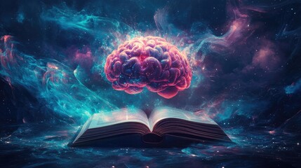 Poster - Cosmic Brain Above Open Book of Knowledge