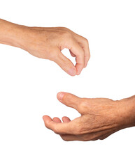 Wall Mural - Elderly female hand open and reaching, side view with palm up, fingers slightly curled in a gesture of offering or care, wrinkled caucasian skin. Isolated on white background.