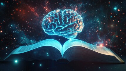 Poster - Illuminated Brain Above Open Book in Cosmic Space