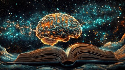 Poster - Illuminated Brain Above Open Book Cosmic Background