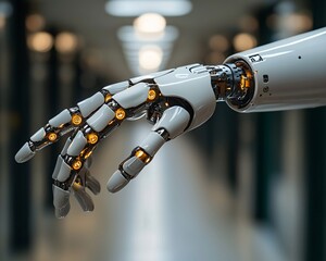 Poster - Robotic hand reaching, futuristic technology.