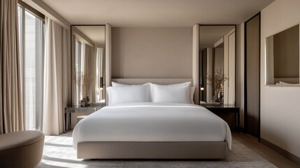 Poster - A sleek luxury bedroom with a minimalist design, a king-sized bed, mirrored furniture, and high-end decor.