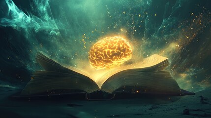 Poster - Luminous Brain Emerging From Ancient Book of Knowledge