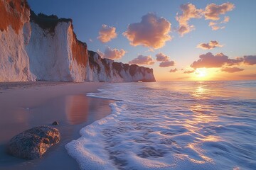 Wall Mural - a warm sunset over the calm ocean on a sandy beach, perfect for relaxation and scenic views