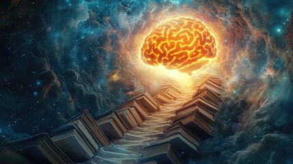 Poster - A fiery brain illuminates a staircase of books in space