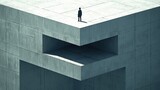 A lone figure stands on a massive concrete structure. Abstract architecture with geometric shapes. Ideal for thought-provoking posters or album covers.