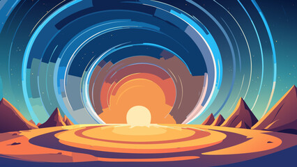Poster - Colorful sunrise over stylized mountains with swirling abstract patterns in the sky
