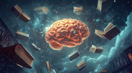 Poster - A Glowing Brain Surrounded By Floating Books